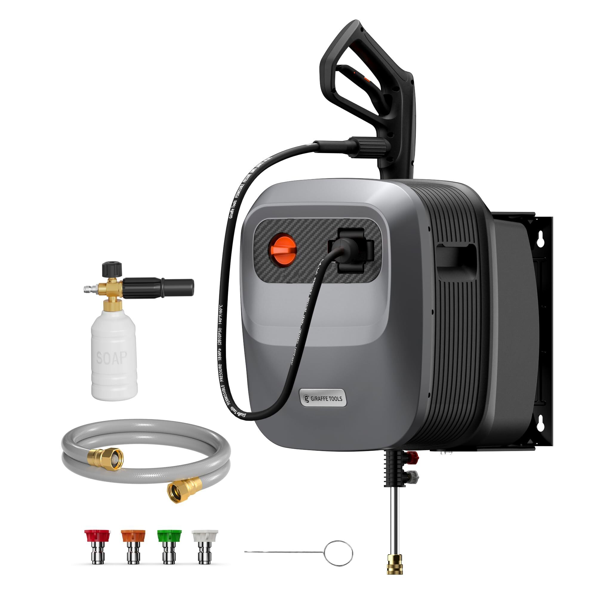 Giraffe Tools Wall-Mounted Electric Pressure Washer — 2500 PSI, 65ft. Retractable Hose, Soft Hose, Model# P115-G20Pro